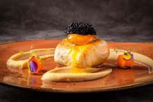 Baked Atlantic Cod Fish with Chickpea Purée, Herbs Cured Egg Yolk, Caviar