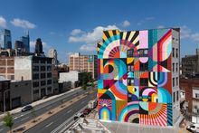 Folding the Prism © 2019 Mural Arts Philadelphia / Jessie Unterhalter & Katey Truhn (Jessie & Katey), 1217 Spring Garden Street. Photo by Steve Weinik.