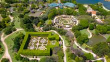 Aerial overlooking the manicured hedges of the Border Garden located in the Hunter Valley Gardens in Pokolbin.