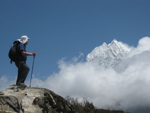 Looking at Thamserku Peak on the trail to Everest Base Camp