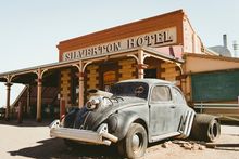 A Volkswagon beetle pays homage to the Mad Max V8 interceptor outside the Silverton Hotel, Silverton.