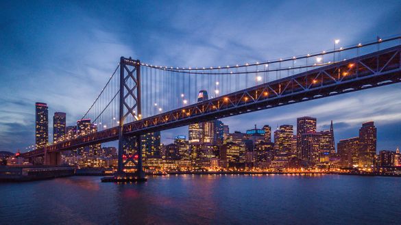 Cityscape view of San Francisco and the Bay Bridge at Night, California, USA