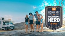 Family stand in front of motorhome. Graphic reads Nominate Your Frontline Hero