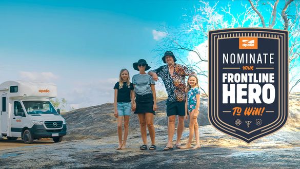 Family stand in front of motorhome. Graphic reads Nominate Your Frontline Hero