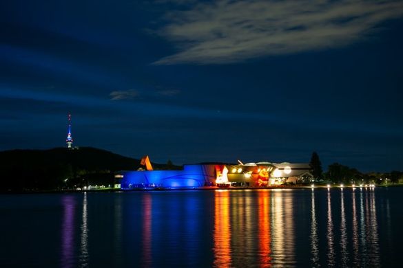 National Museum of Australia building lit up in blue ahead of the Greek national Ohi Day, 28 October