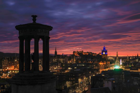 The Dugald Stewart Monument and Edinburgh Castle seen from Calton Hill