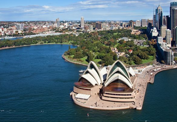 Aerial of Opera House and Royal Botanic Gardens in the afternoon. Aerial of Opera House and Royal Botanic Gardens in the afternoon.