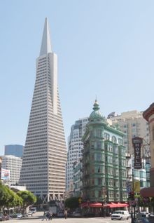 The Transamerica Pyramid with the Sentinel Building in the foreground.