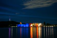 National Museum of Australia building lit up in blue ahead of the Greek national Ohi Day, 28 October