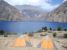 Camping at Phoksundo Lake (3,700m) on Upper Dolpo trek in Nepal