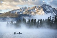 Stanley Lake shrouded with a morning mist.