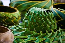 Coconut frond hat and bowls