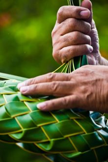 Skillful hands weaving coconut palm fronds into a hat 