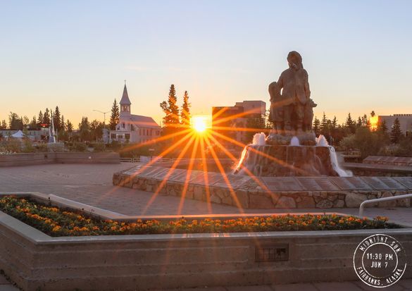 Golden Heart Plaza in downtown Fairbanks, Alaska at 11:39 pm. 