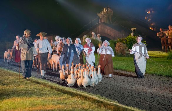 Geese running across the stage during a performance of Kynren Geese running across the stage during a performance of Kynren