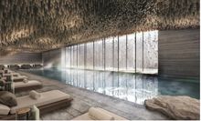 The indoor pool and relaxation area opens onto a courtyard planted with birch trees.