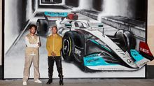 2022 Hungarian Grand Prix, The Ritz-Carlton Artist Partner Louis-Nicolas Darbon and Mercedes-AMG Petronas F1 Team driver Lewis Hamilton in front of a bespoke mural at The Ritz-Carlton, Budapest.