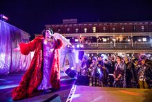 Trevor Ashley delighting the crowds at the GLITTERBOMB Saturday Night Dance Party during the Broken Heel Festival at Palace Hotel, Broken Hill