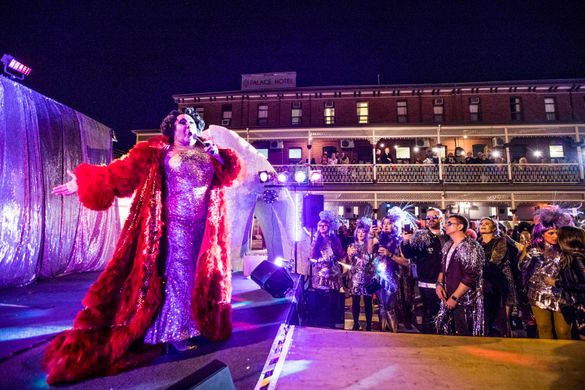 Trevor Ashley delighting the crowds at the GLITTERBOMB Saturday Night Dance Party during the Broken Heel Festival at Palace Hotel, Broken Hill