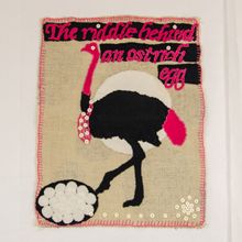 ETH 2022.18 Caption: Applique panel of ostrich with eggshell beads by Laimmy N. 