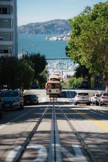 Cable Car with Alcatraz in the distance.
