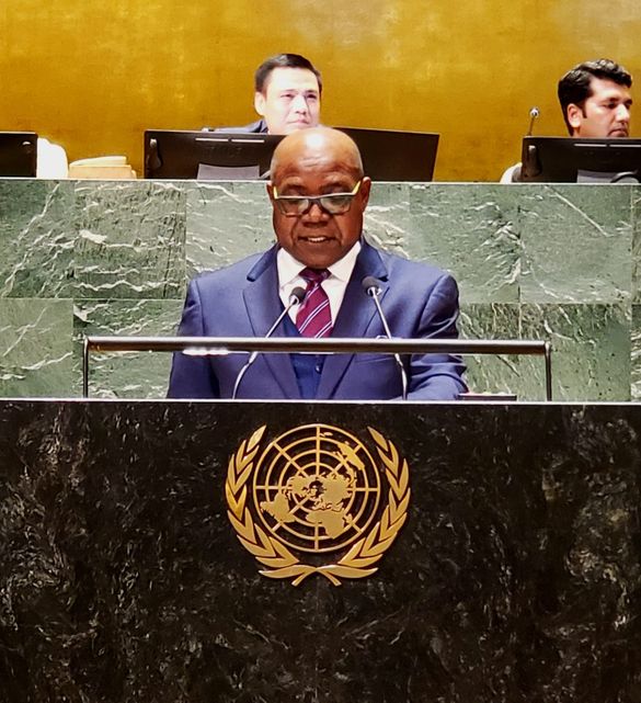 Photo Caption: Minister of Tourism, Hon Edmund Bartlett makes his presentation at the United Nations General Assembly for the adoption of the resolution on Global Tourism Resilience Day on Monday 6th February 2023. 