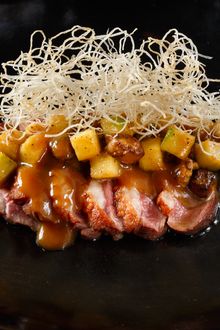 Soy braised duck with green apple sauce and foil gras