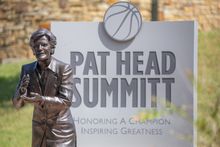 Pat Head Summitt Statue and Legacy Plaza stand overlooking the Cumberland River in the coach's hometown of Claksville, Tenn.