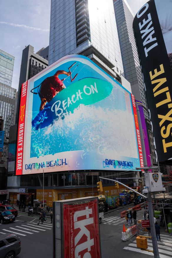 The Daytona Beach Area Convention & Visitors Bureau (CVB) placed a 3D anamorphic billboard on the corner of 20 Times Square and 47th Street in New York City to run through April 30. The branded 15-second video features a kite surfer riding a wave with the