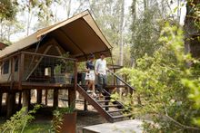 Couple enjoying a romantic glamping getaway at Paperbark Camp, Woollamia.