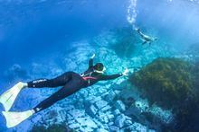 Woman swimming with the seals off Montague Island (Barunguba), Narooma.