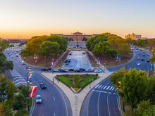 The Philadelphia Museum of Art crowns the city's illuminated Benjamin Franklin Parkway.