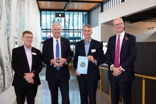 Then-Norfolk County Council leader Andrew Proctor, VisitBritain Chairman Nick de Bois, Andy Wood and Suffolk County Council leader Matthew Hicks at the VEE & Partners' Conference at The Hold, Ipswich.