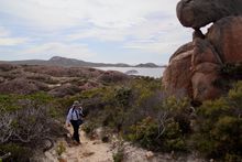 Guest walking trail at Lucky Bay with Coral Adventurer in the background