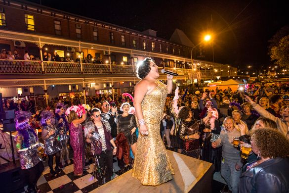 Trevor Ashley delighting the crowds at the GLITTERBOMB Saturday Night Dance Party during the Broken Heel Festival at Palace Hotel, Broken Hill.