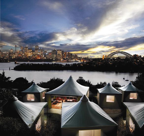 Roar and Snore tents at Taronga Zoo Sydney overlooking Sydney Harbour