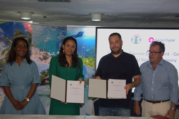 Bernadette Willemin, Director General Marketing, Tourism Seychelles; Sherin Francis, Principal Secretary, Tourism Seychelles; James South, Founder, Gecko Digital; Michael Flynn, Chairman, Gecko Digital