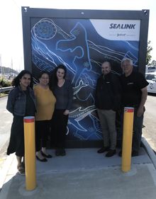 (Left to Right) Jaime Currie (CEO SETAC), Deb Cowen (executive officer SETAC), Bron Englert (artist and employee of SETAC) South East Tasmanian Aboriginal Corporation, Simon Tamlyn, General Manager SeaLink Bruny Island, Rodney Dillon (-Local Elder)