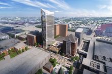 Rendering of the Signia Hilton Hotel and Indiana Convention Center Expansion. View is looking southeast with the center and stadium on the right connecting via skywalk to the state's largest ballroom and the 800-room tower.