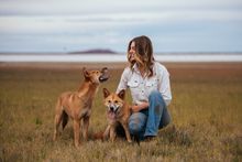 Zali Jestrimski with dingos Eulalia and Steven, Wooleen Station