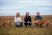 Zali Jestrimski and Frances and David Pollock with dingos Eulalia and Steven, Wooleen Station