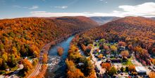 Aerial view of Ohiopyle, a charming borough in the Laurel Highlands of Southwestern Pennsylvania.