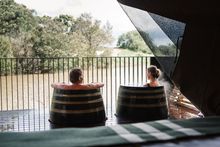 Geothermal bathing barrels on the private deck, Metung Hot Springs 