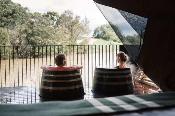 Geothermal bathing barrels on the private deck, Metung Hot Springs