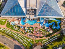 Aquapalace Prague features 9,150 square meters of aquatic fun including the longest water slide in the Czech Republic