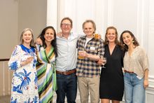 The Senderos team left to right: Naomi McKee, Fabiola Heyes, Simon Heyes, Gareth Lyons, Nicola Gude, and Rebecca Woolford reveal Senderos' B Corp certification at a 20th anniversary party held at London's ICA.