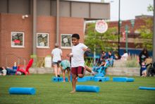 Downtown Commons is a urban park with water features an a large open play space.