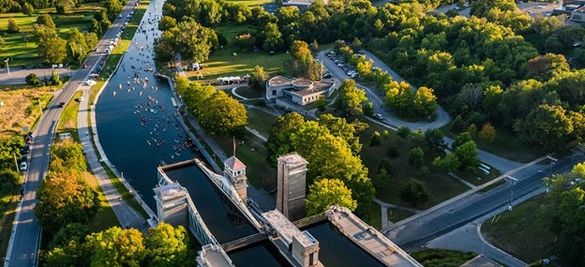 Aerial view of a scenic urban area with a river running through.