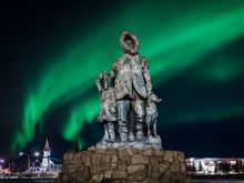 Aurora over Golden Heart Plaza in downtown Fairbanks, Alaska