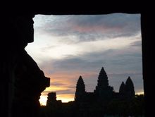 View through the library of Angkor Wat at sunrise, Cambodia